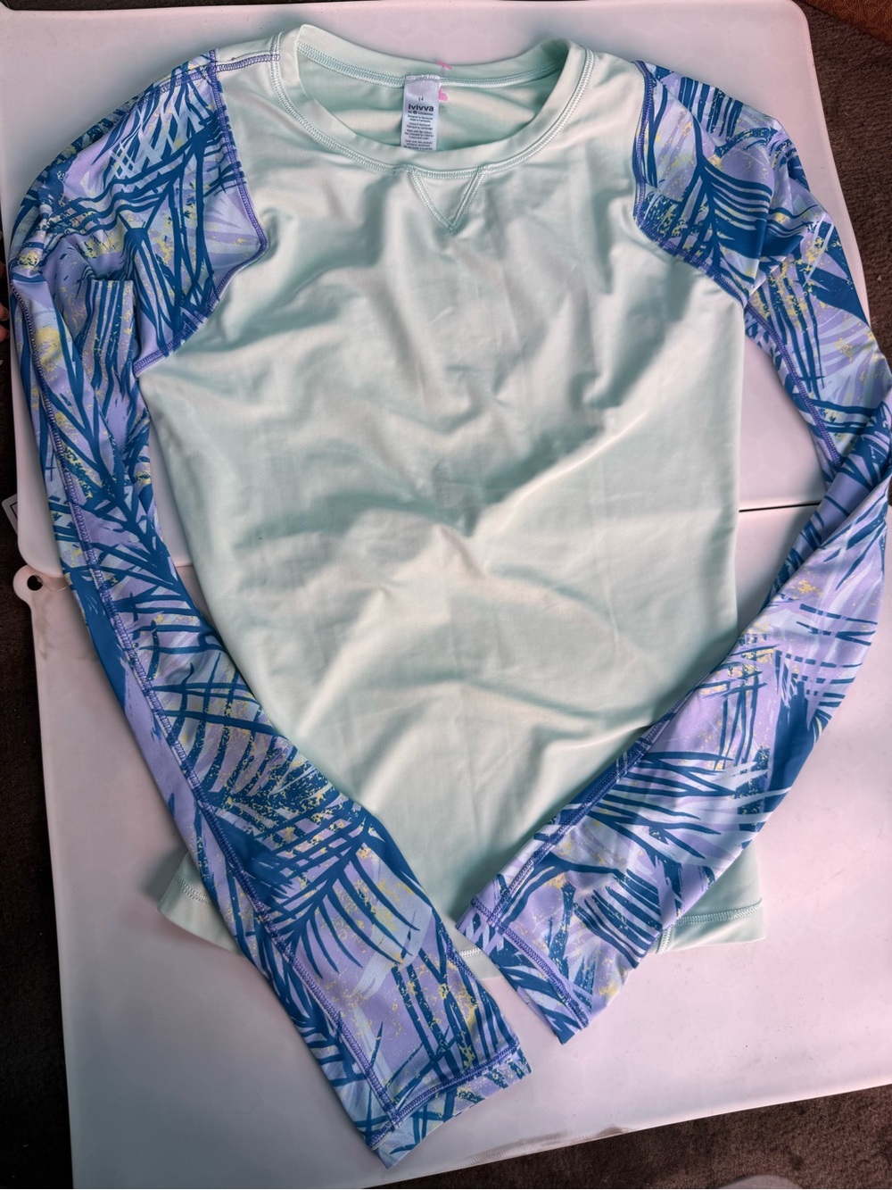 Ivivva - girls Light Mint Top with Blue Palm-Print Long Sleeves Rashguard 14